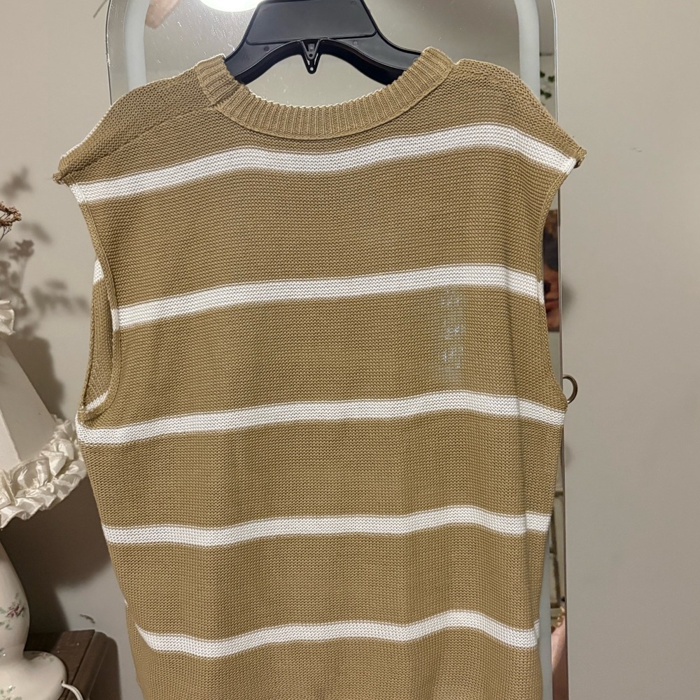 Womens Tan and White Striped Sweater Vest